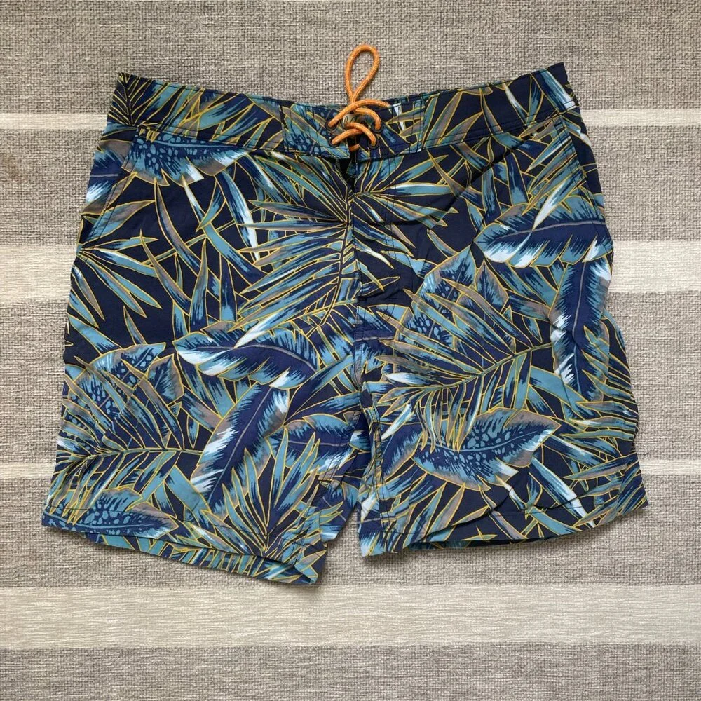J. Crew Men's Tropical Palm Print Board Shorts in Navy, Teal & Yellow